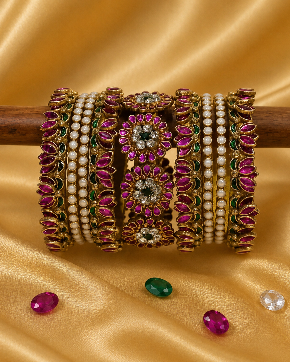 Festive Pearl & Floral Kundan Bangle Set (Please read description before placing an order)