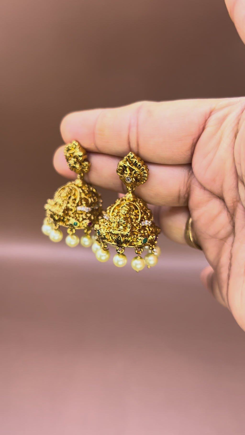 Antique Lakshmi Temple Jhumka with pearl drop ER-003